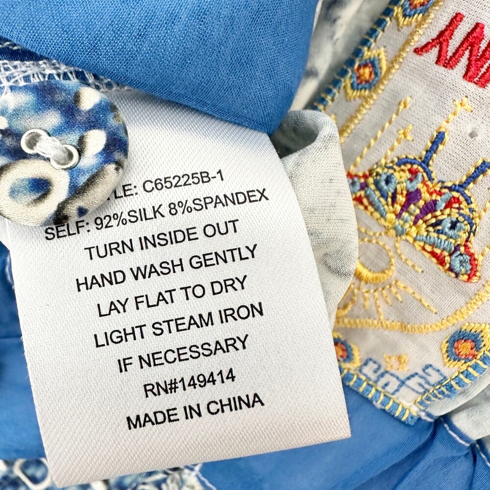 Johnny Was Lauchlen Wide Leg Silk Pants Denim Printed Satin Resort Blue XL NWT - Picture 12 of 12
